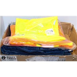 BOX OF 2 SAFETY VESTS AND A PAIR OF JEANS