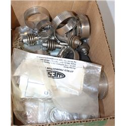 BOX OF ASSORTED BOLT CLAMPS AND BEARINGS