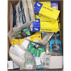 BOX WITH SHOP VAC FILTERS, HALOGEN LIGHT BULBS,
