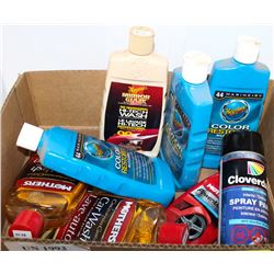 BOX WITH ASSORTED CAR CLEANERS AND RESTORERS