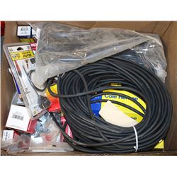 BOX OF ASSORTED ITEMS INCL SCREWS, RACK BRACKETS