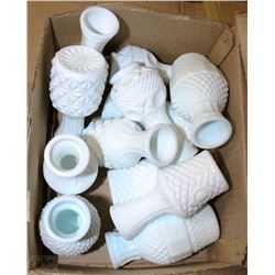 CASE WITH 12 DOZEN SMALL MILK GLASS VASES