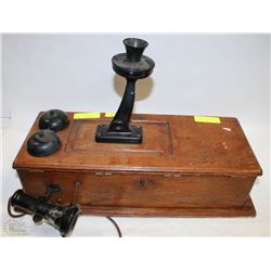 VINTAGE OAK WALL PHONE COMPLETE(HAS A CRACK)