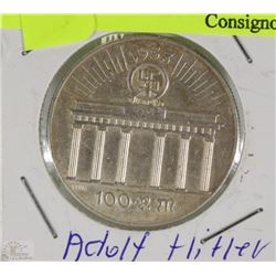 100 MARK GERMAN NAZI 1933 COIN WITH ADOLF HITLER