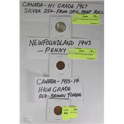 LOT OF 3 VARIOUS COINS CANADA 1933 ONE CENT