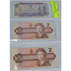 TWO CANADIAN 1986 UNC. 2 DOLLAR BILL & 1971 TEN
