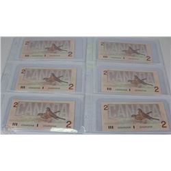 CANADIAN 1986 TWO DOLLAR BILL X 6
