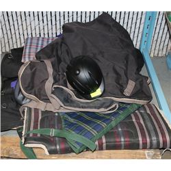 PALLET OF SADDLE PADS,BLANKET AND HELMETS