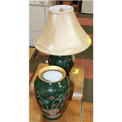 ETCHED GREEN VASE AND TABLE LAMP