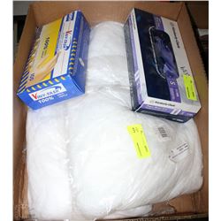 BOX OF HAIR NETS AND EXAMINATION GLOVES
