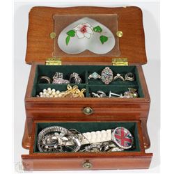 WOODEN MUSICAL JEWELLERY BOX WITH CONTENTS INCL