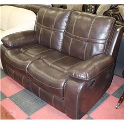 BROWN LEATHERETTE RECLINING LOVE SEAT(SEAM DAMAGE)