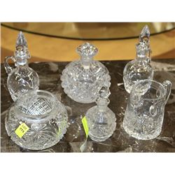 CRYSTAL CRUETS CREAM AND SUGAR SERVERS PLUS 2 OIL