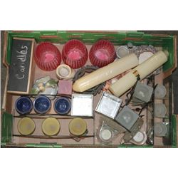 LARGE FLAT OF CANDLE HOLDERS AND CANDLES