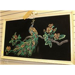 1960'S FRAMED ORIGINAL VELVET PEACOCK PICTURE