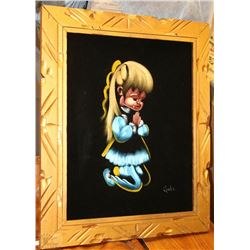 VINTAGE VELVET PICTURE OF GIRL PRAYING BY GUILA