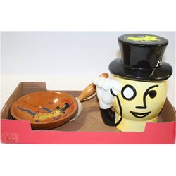 VINTAGE MR PEANUT JAR WITH MR PEANUT WOODEN  DISH