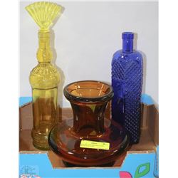 VINTAGE COLORED ART GLASS BOTTLES & GLASS