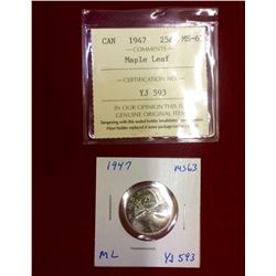 Canada 1947 25 Cents Maple Leaf MS-63 ICCS Graded  Been removed from is original sleeve.