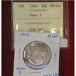 Canada 1943 50 Cents MS-60 ICCS, Near 3 Variety