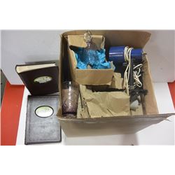 BOX OF GLASSWARE, NEW PHOTO ALBUMS, HOUSEHOLD