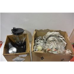 2 BOXES OF GLASSWARE, BLENDER, KETTLE