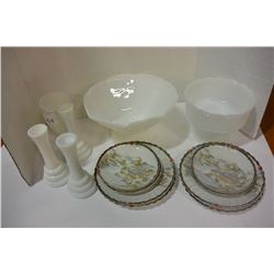 LOT OF MILKGLASS DISHES & VASES & CHINA