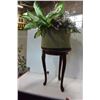 Image 1 : ROUND WOOD PLANTSTAND & LEATHER PLANTER W/ FLORAL