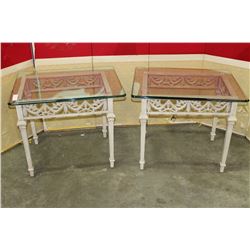 2 GLASS TOP IRON END TABLES