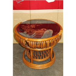 RATTAN END TABLE WITH ETCHED GLASS TOP