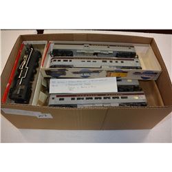 HO SCALE TRAINS (1 STEAM, 4 PASSENGER, CARGO CARS, ETC.)