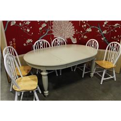 ROUND MODERN DINING TABLE WITH LEAF AND SIX ARROWBACK CHAIRS