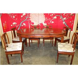 ROSEWOOD TABLE WITH LEAF AND 6 CHAIRS WITH CUSHIONS