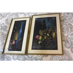 TWO FRAMED PICTURES AND ROLL OF FABRIC