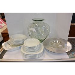 LOT OF WHITE DINNERWARE AND PYREX AND LARGE GLASS JAR