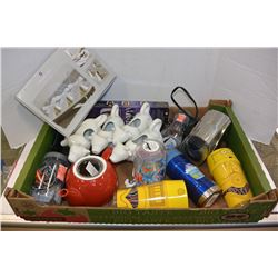 TRAY OF WATER BOTTLES AND HOUSEHOLD ITEMS