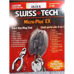 NEW  IN PACKAGE "SWISS &TECH" 9 IN 1 KEY RING TOOL HAS PIERS, WIRE CUTTER, WIRE STRIPPER, SCREW DRIV