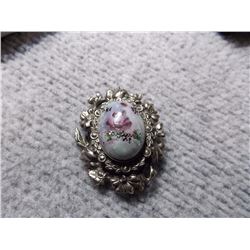 WINTAGE BROACH- SILVER?HAND PAINTED STONE