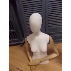 FEMALE MANNIQUIN- TORSO WITH HEAD AND WOODEN ARMS
