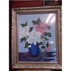 VINTAGE GUILDED FRAMED PICTURE - FLOWERS IN BLUE VASE  - SIGNED - 21" X 26"