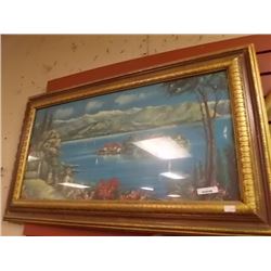 GOLD FRAMED PICTURE -ISLAND IN THE LAKE - 33" X 19