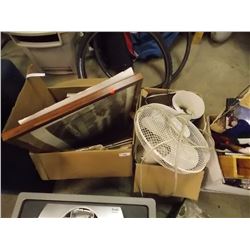 TABLE FAN & BOX OF PICTURE FRAMES