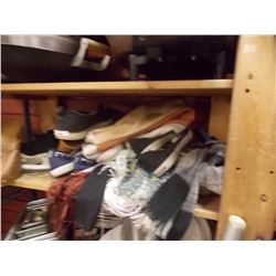 SHELF LOT OF SHOES, SLIPPERS SKATES SCARFFS
