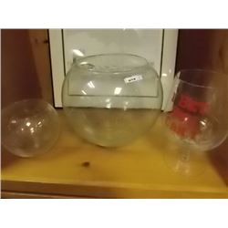 LARGE GLASS BOWL & 2 BRANDY GLASSES