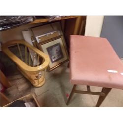 LOT - UPHOLSTERED STOOL - PINK, PICTURES, TAPES CD'S &  WOOD MAGAZINE RACK