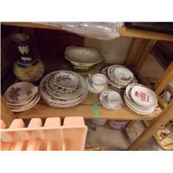 SHELF LOT ASSORTED CHINA PLATES AND MORE