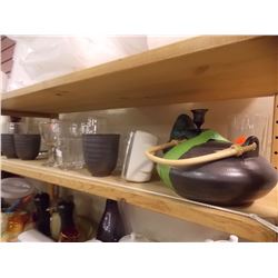 SHELF LOT OF GLASSES, TEA POT, ALARM CLOCK