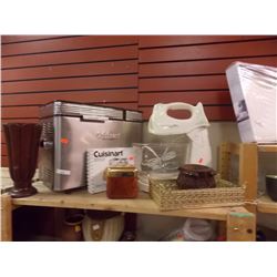 SHELF OF BREAD MAKER, MIXER & DISHES