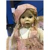 Image 2 : MEISSENER PUPPENSTUBE 25" GERMAN PORCELAIN DOLL WITH STAND - BLONDE GIRL IN PINK