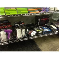 SHELF LOT OF ASSORTED HAIR DRYERS, SHAVERS, ETC